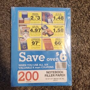 Pen-Tab K-Mart Coupons 200- Sheet Narrow Rule No. 258101 1980s Notebook Paper
